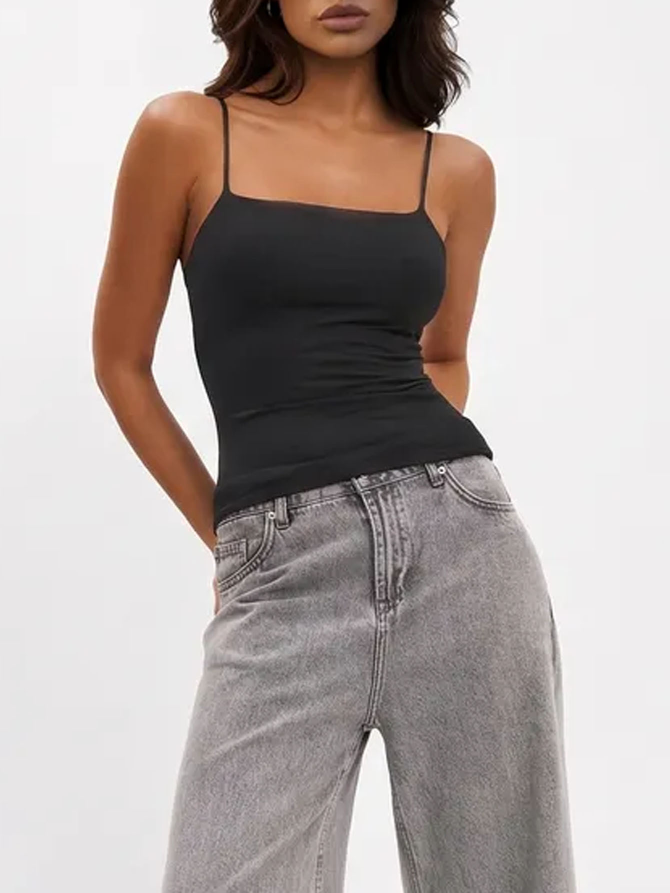 Black style 021 camisole shown as a European and American basic