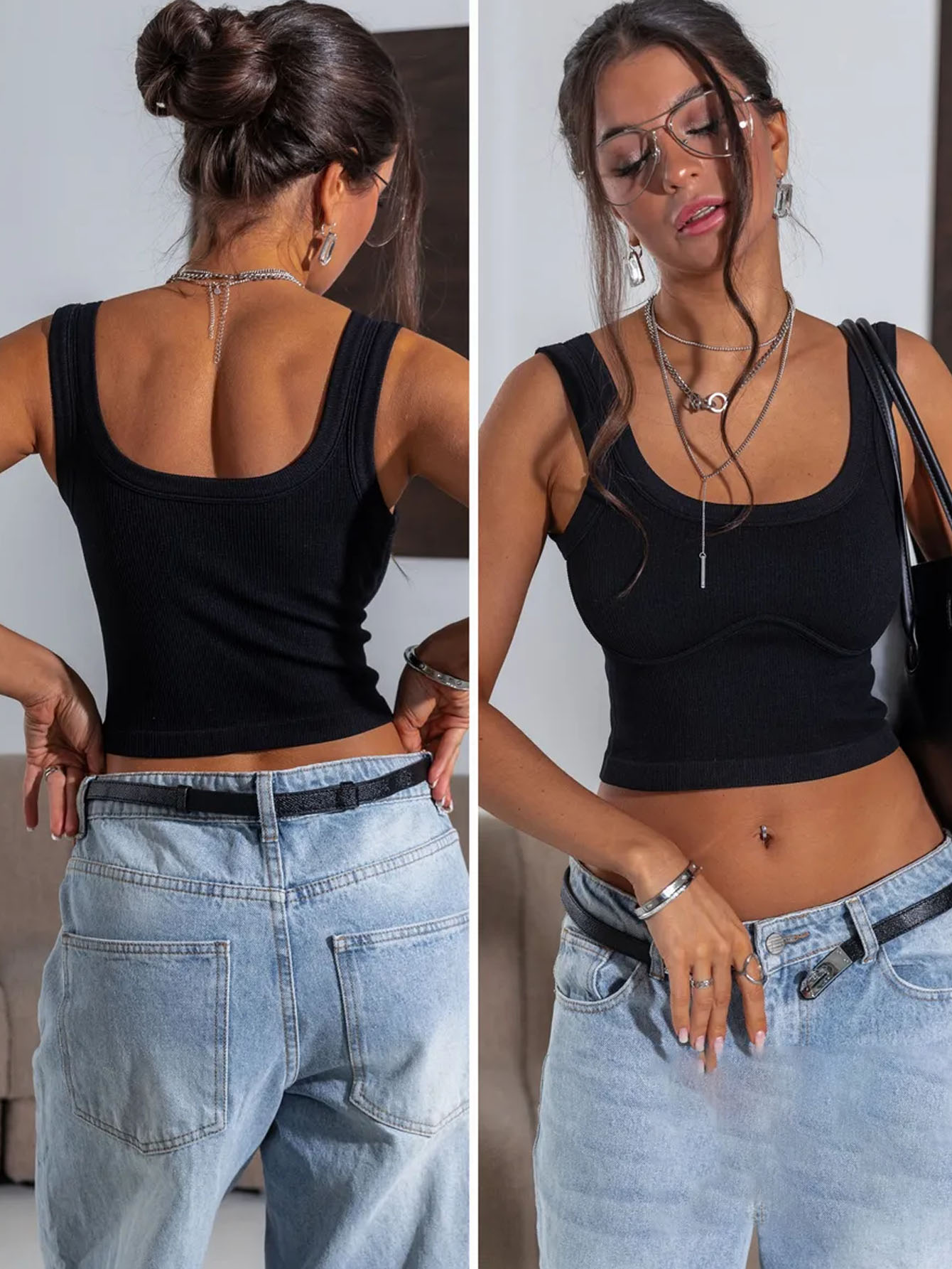 Black style 3232 crop tank front and back views
