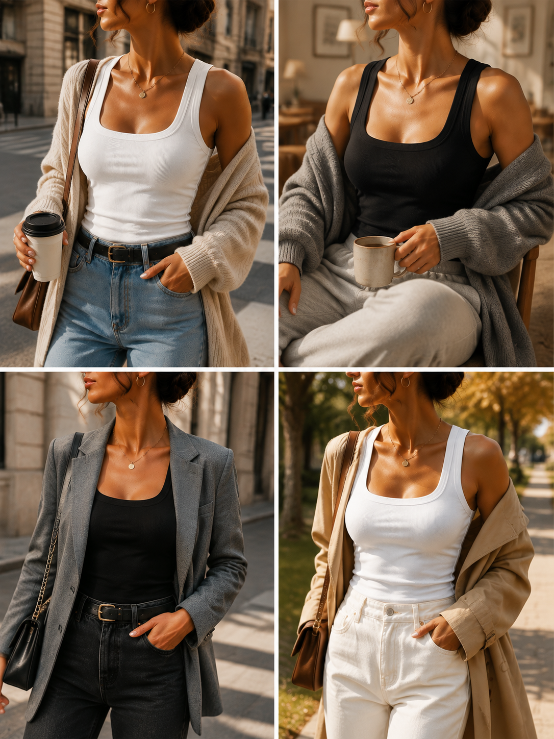 Black and white ribbed tanks in multiple outfits