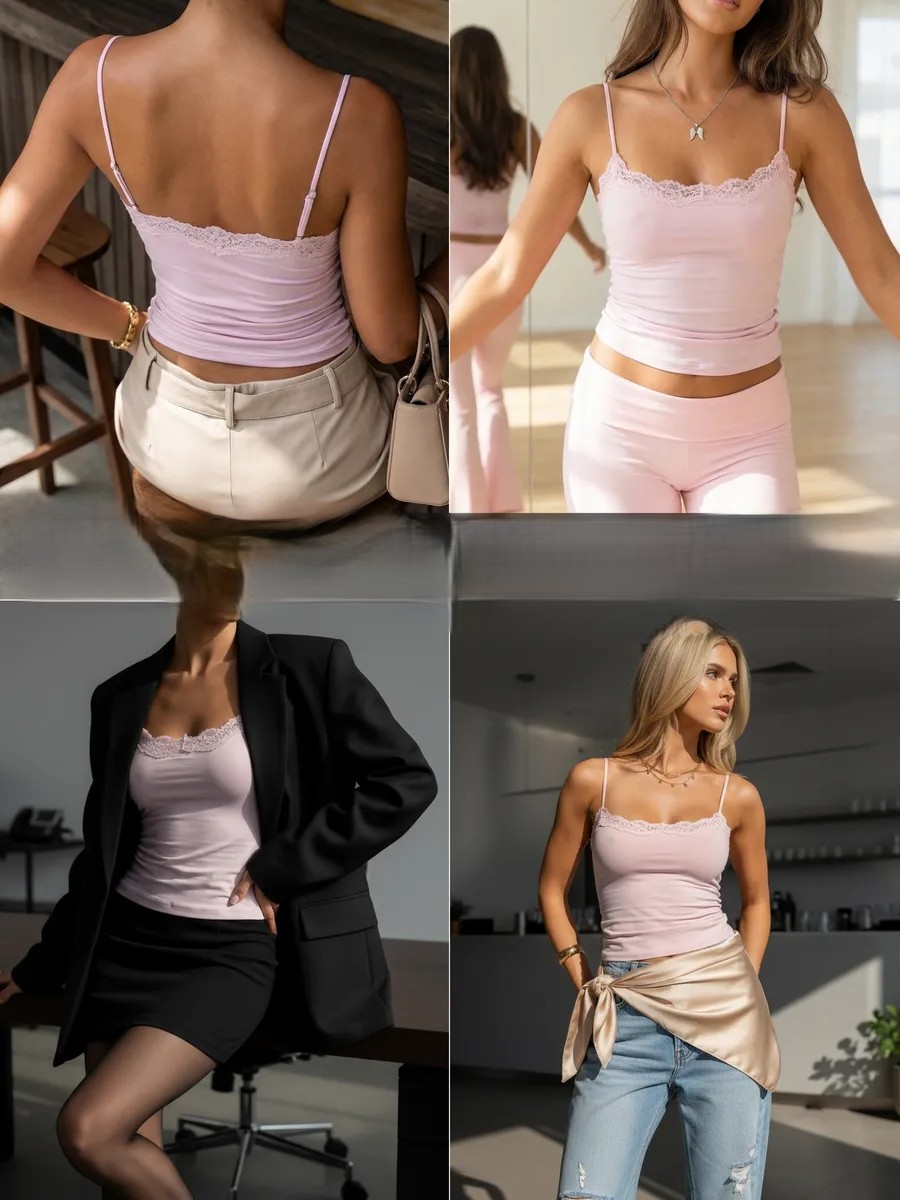 Pink style 9816 lace camisole shown in four styling options